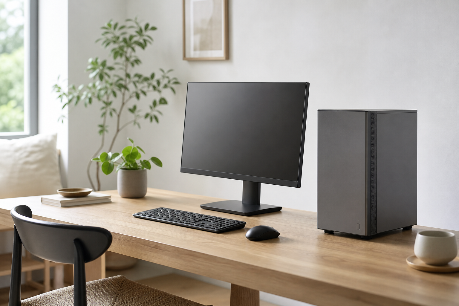 Postazione silenziosa minimale con PC e pianta