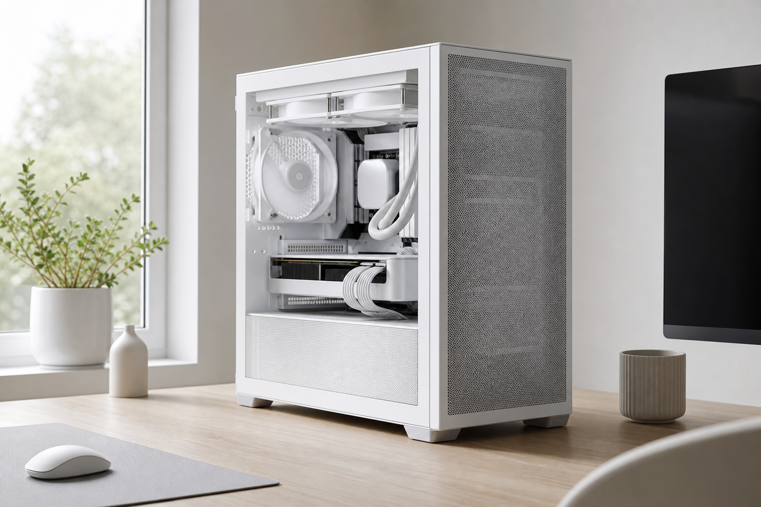 PC silenzioso minimalista con pannello mesh su una scrivania luminosa